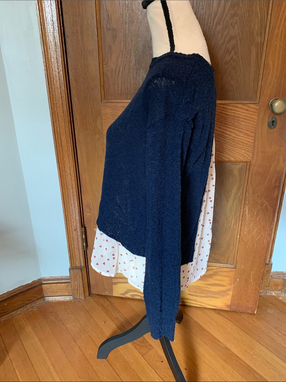 Maison Jules Navy Crewneck Sweater with Cream Layered Hem - Picture 5 of 8